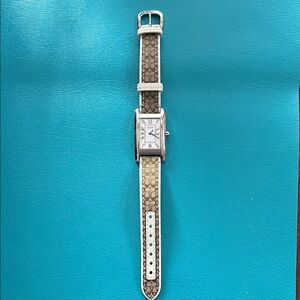 Coach Brown Monogram Stainless Steel Watch with White Leather Accents